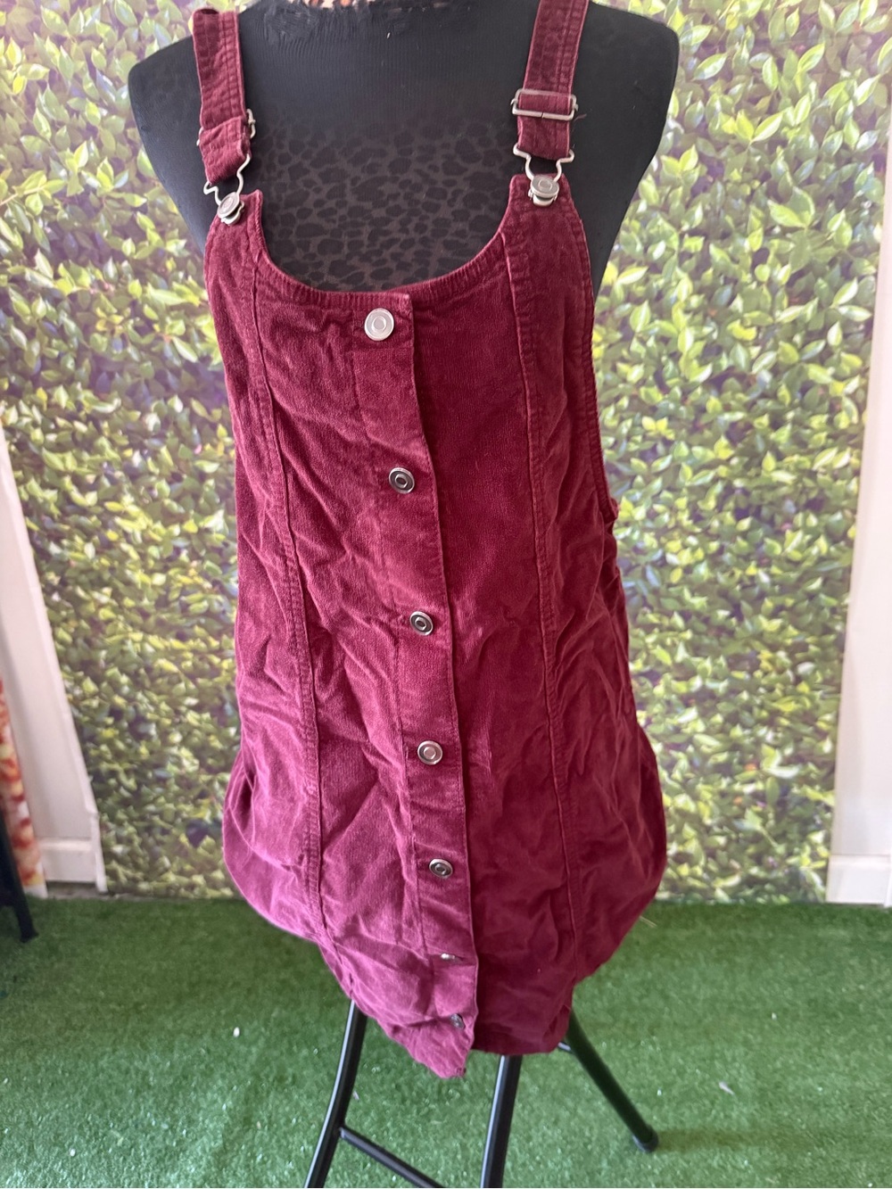 Corduroy Button-Front Pinafore Dress - Burgundy mp81
